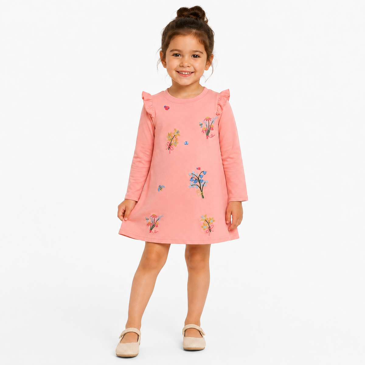 Sweet Peach Floral Long Sleeve Cotton Girls Dress with Ruffle Shoulders  girls clothing YAG Boutique