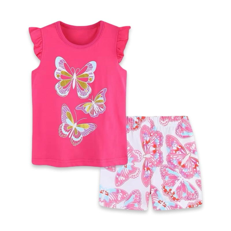 Girls Pink Butterfly Ruffle Sleeve Top and Short Set  girls clothing YAG Boutique