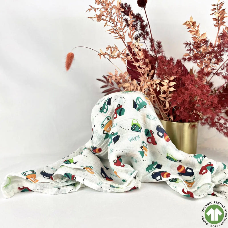 Baby Swaddle Wrap Colourful Cars- 100% Certified Organic Cotton YAG Boutique