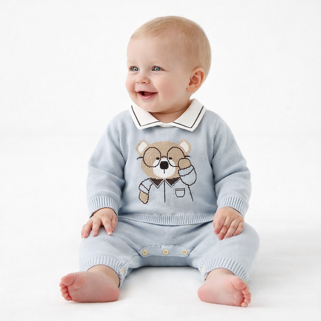 Teddy Bear Knit Baby Romper with Peter Pan Collar  kids clothing YAG Boutique