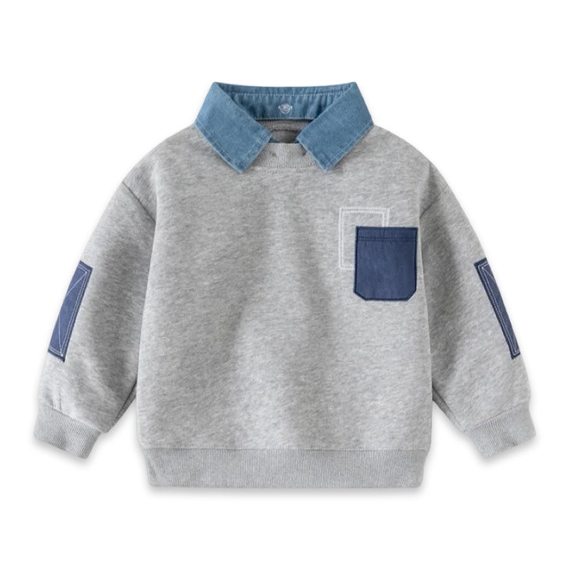 Boys Grey Sweatshirt with Denim Collar & Pocket  kids clothing YAG Boutique