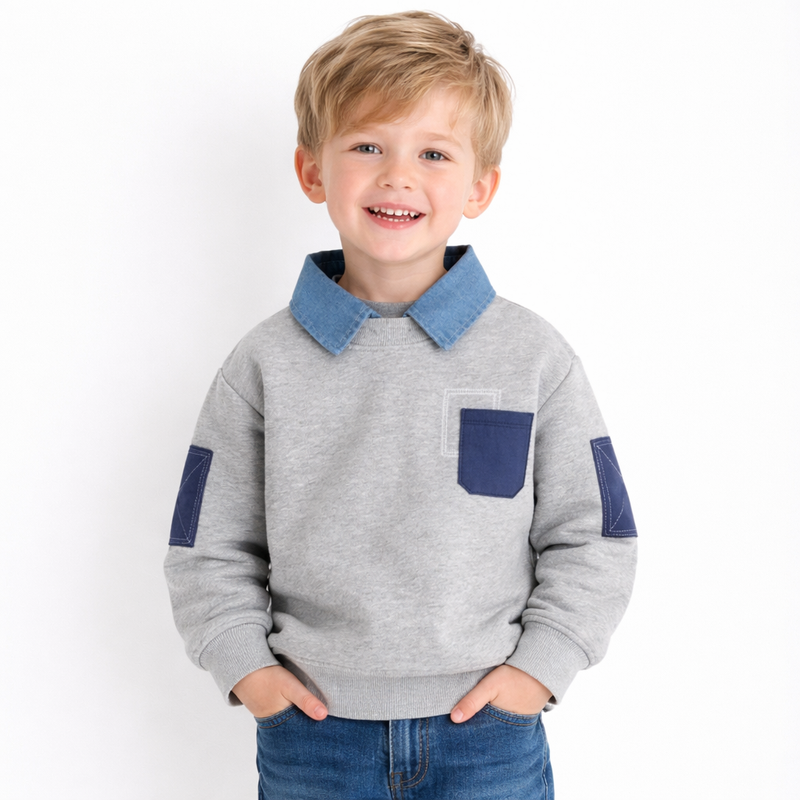 Boys Grey Sweatshirt with Denim Collar & Pocket  kids clothing YAG Boutique
