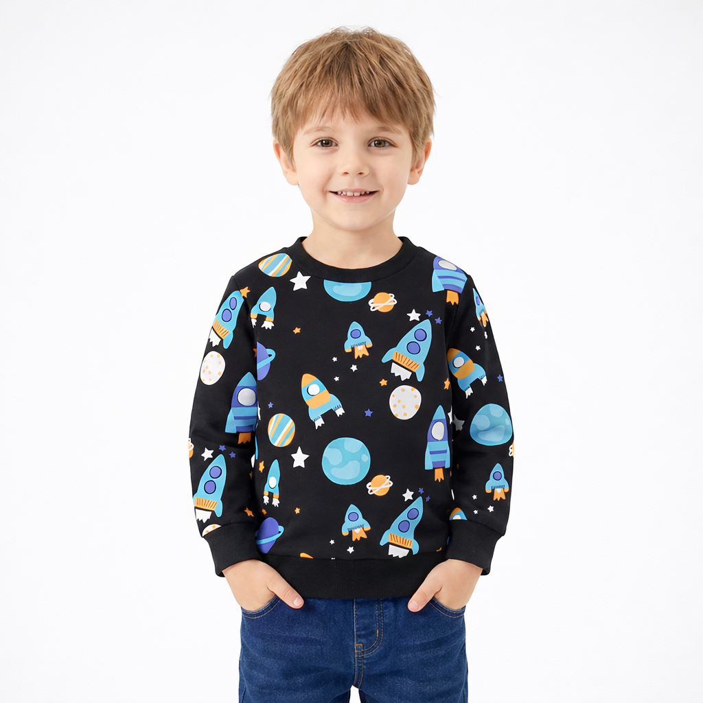 Child wearing a black sweatshirt with space-themed designs on a white background
