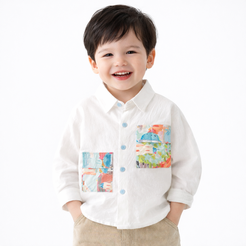 Boys White Artistic Patch Pocket Shirt  kids clothing YAG Boutique