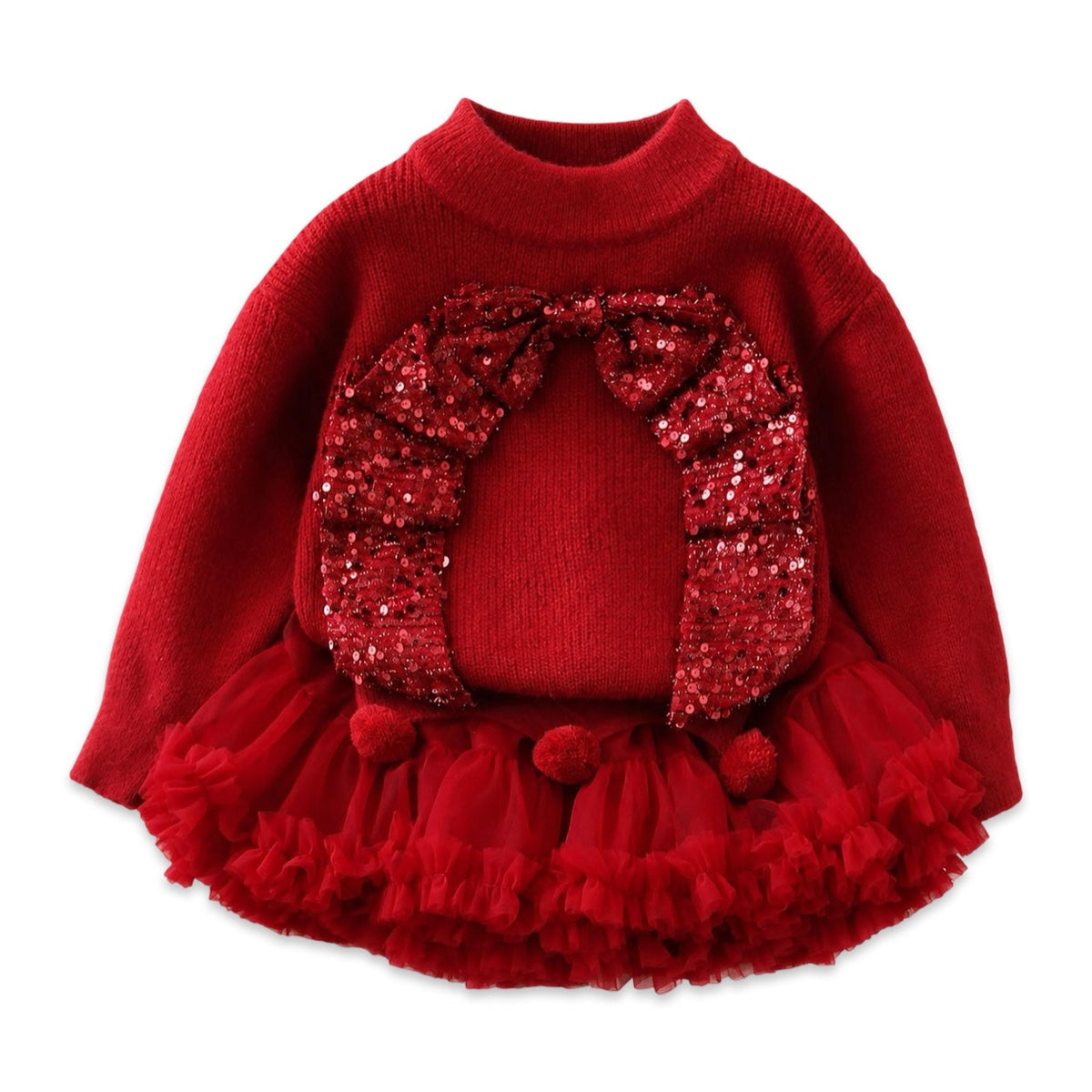 Girls Sequin Bow Knit Jumper & Ruffle Tulle Tutu Skirt 2-Piece Dress Set  girls clothing YAG Boutique