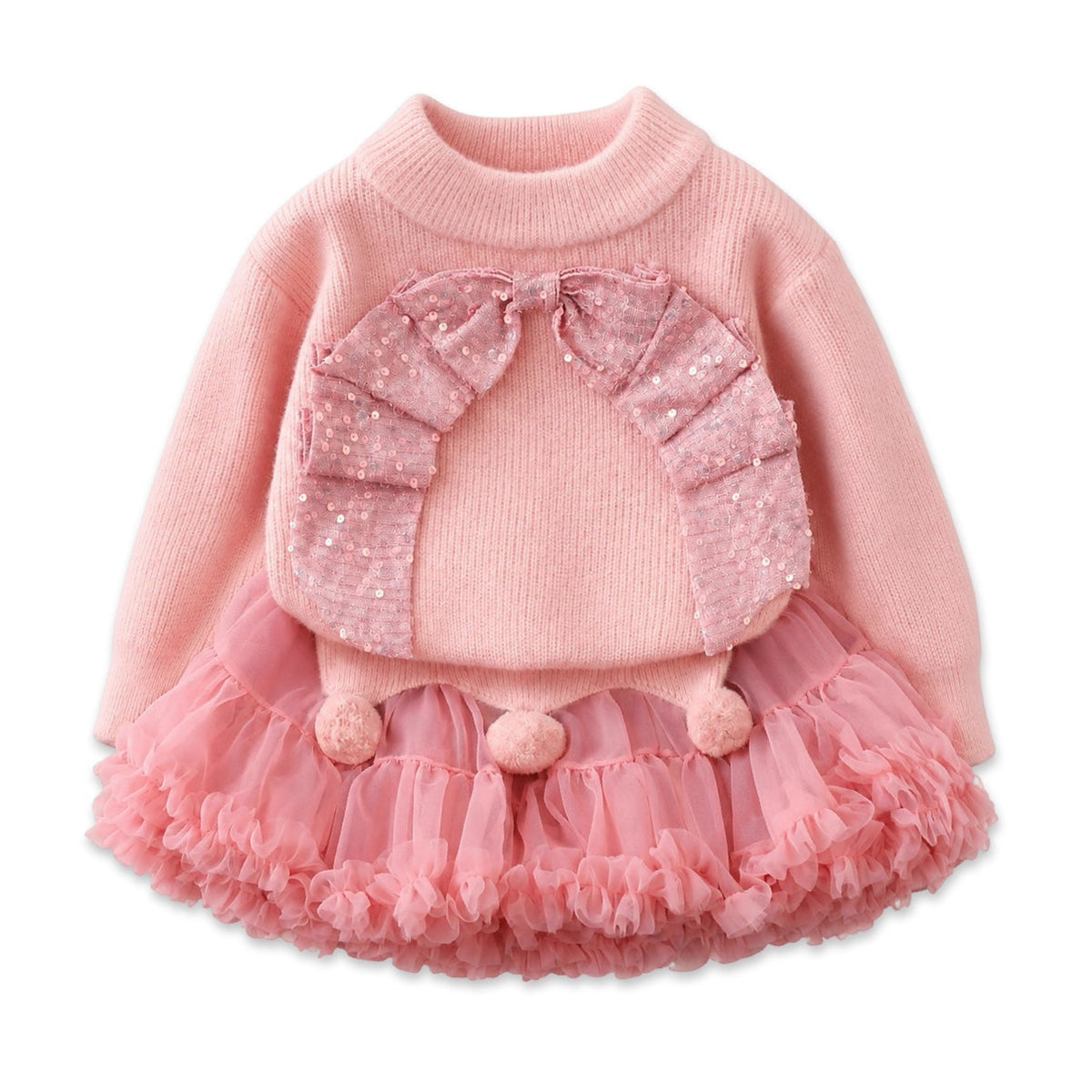 Girls Sequin Bow Knit Jumper & Ruffle Tulle Tutu Skirt 2-Piece Dress Set  girls clothing YAG Boutique