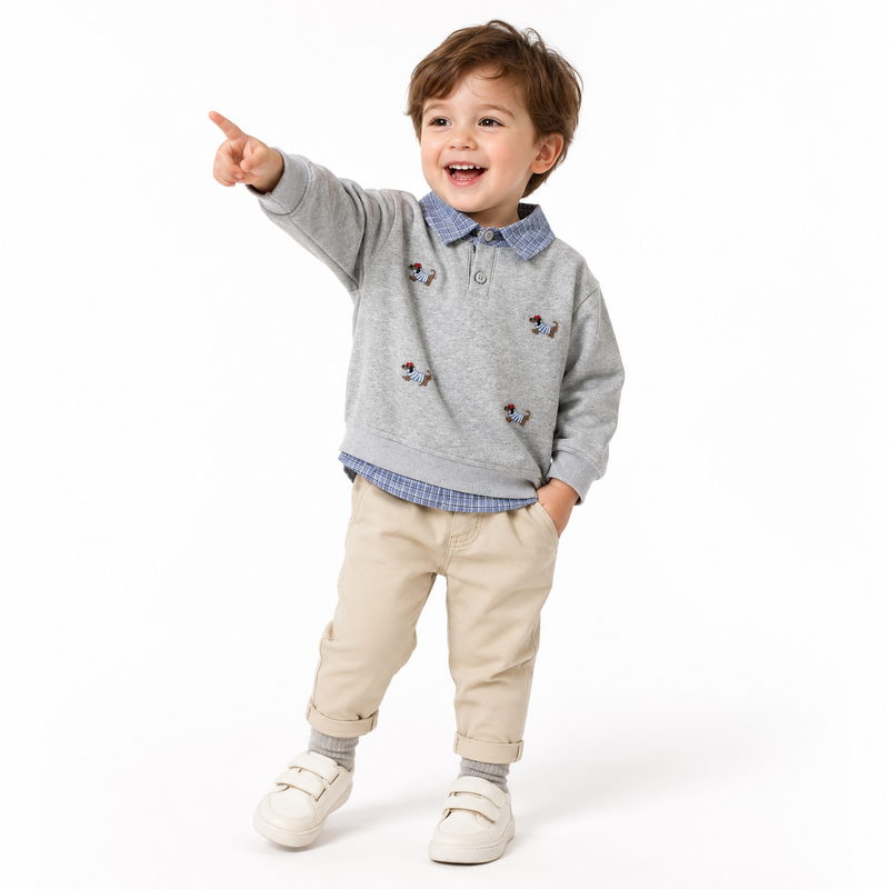 Classic Plaid Collar Embroidered Puppy Jumper  kids clothing YAG Boutique