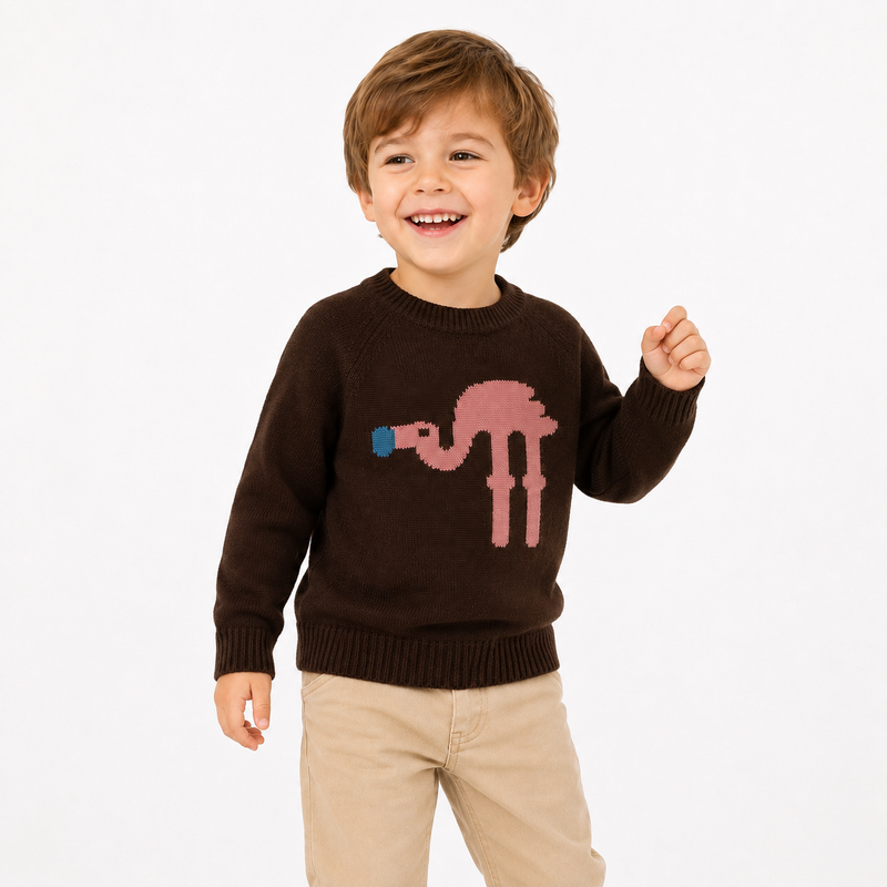 Cocoa Brown Flamingo Intarsia Knit Sweater  kids clothing YAG Boutique