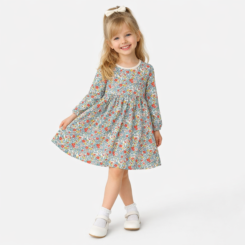 Color Bloom Long Sleeve Girls Floral Dress - soft cotton dress