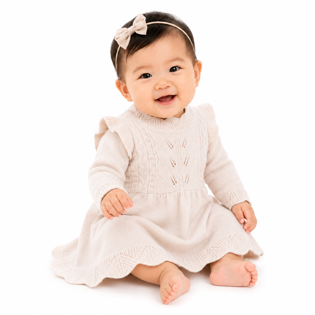 Cozy Cable-Knit Flutter Sleeve Baby Dress