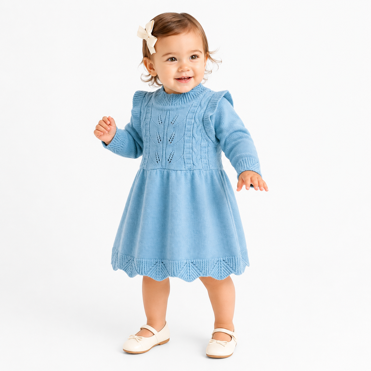 Cozy Cable-Knit Flutter Sleeve Baby Dress