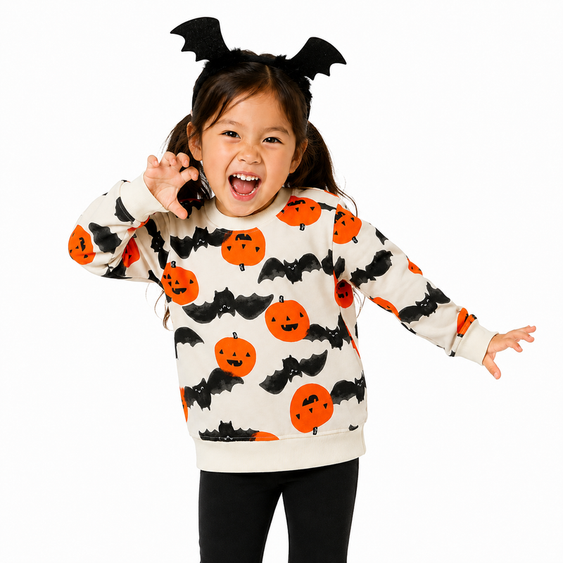 Cozy Pumpkin & Bat Print Halloween Jumper  kids clothing YAG Boutique