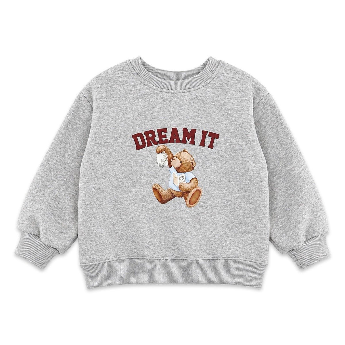 Gray sweatshirt with teddy bear graphic and 'Dream It' text on a white background