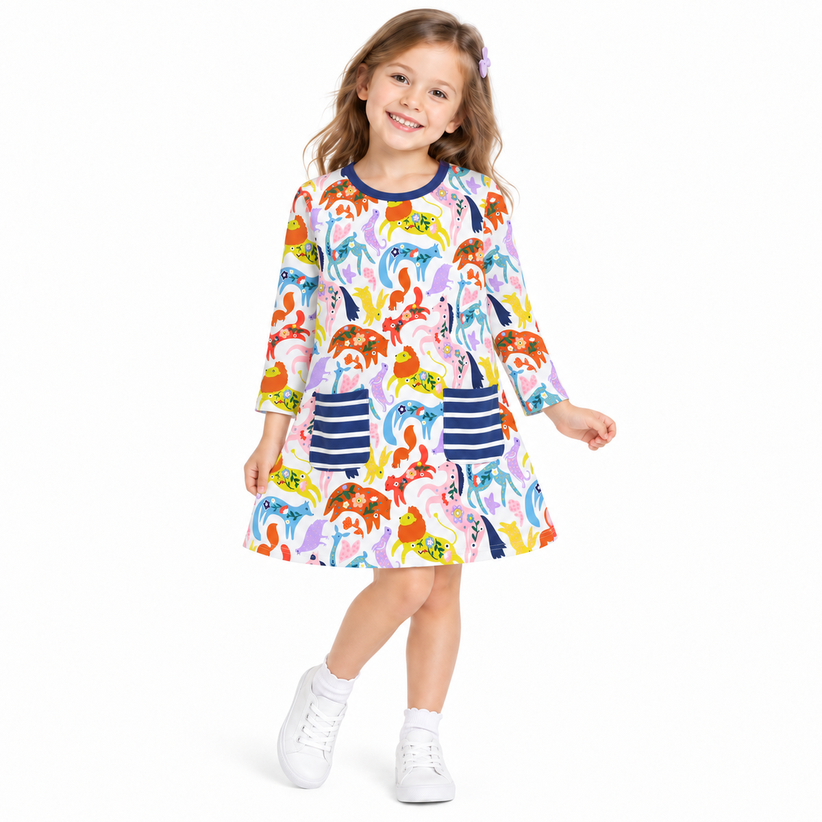 Enchanted Woodland Animal Long Sleeve Dress with Striped Pockets  girls clothing YAG Boutique