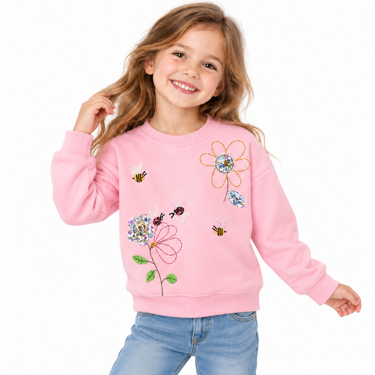 Floral Patchwork & Bee Embroidered Pink Sweatshirt  girls clothing YAG Boutique