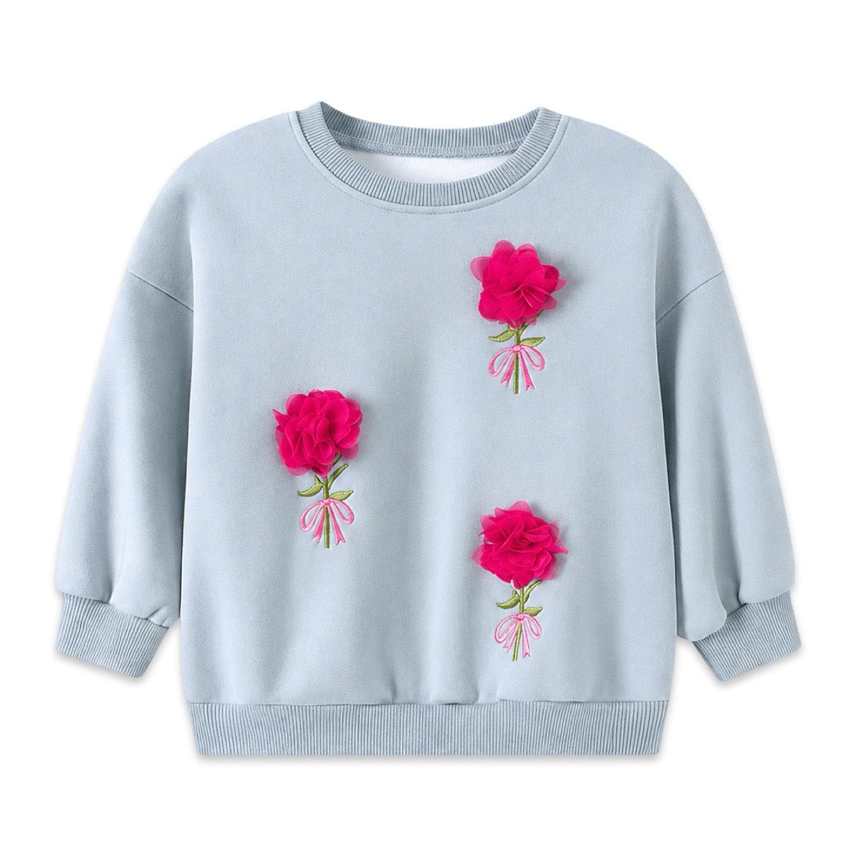 Floral Appliqué Cozy Fleece Jumper - Sky Blue  girls clothing YAG Boutique