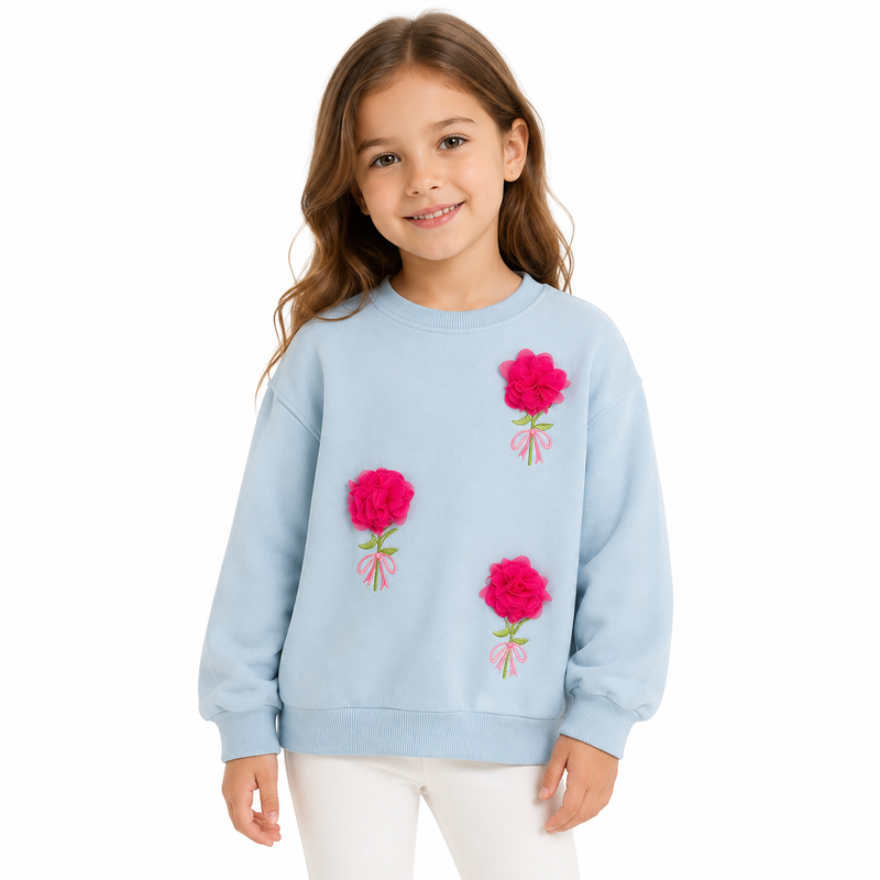 Floral Appliqué Cozy Fleece Jumper - Sky Blue  girls clothing YAG Boutique