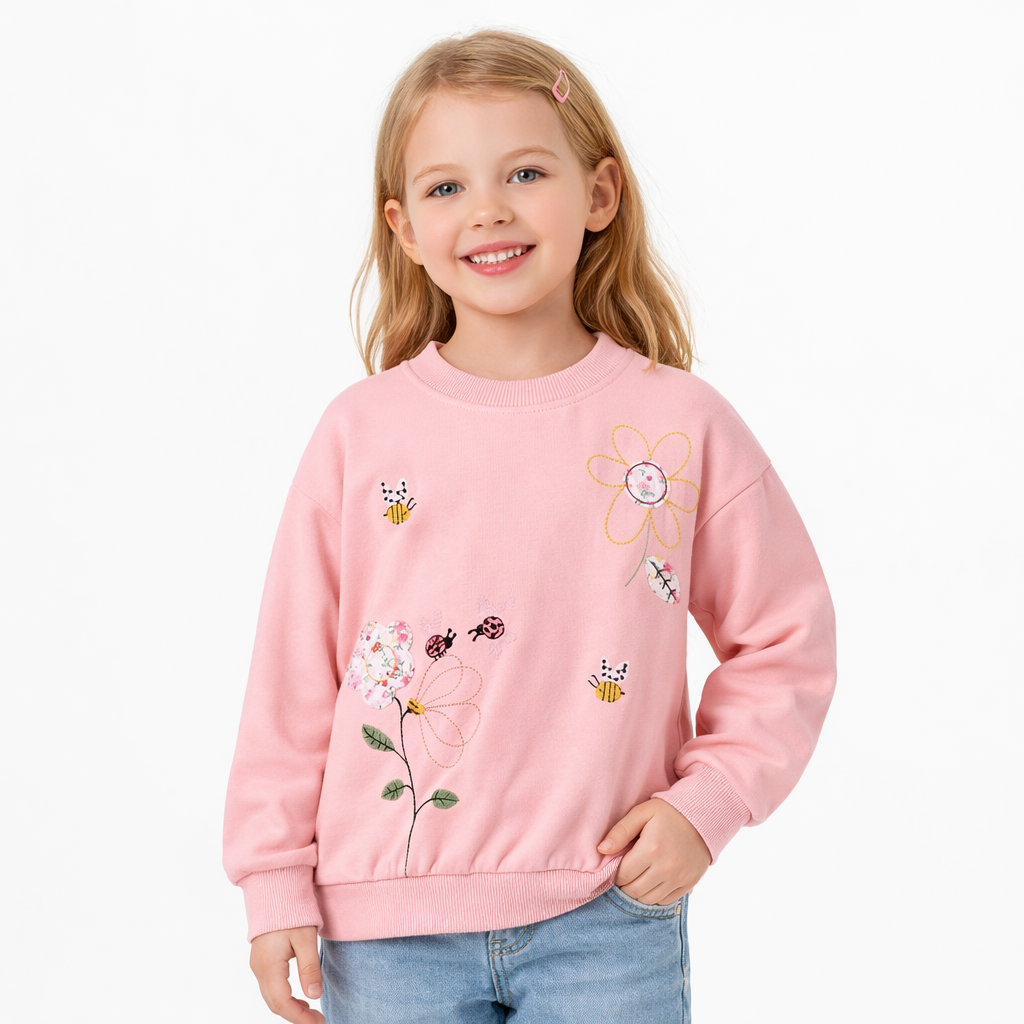 Floral Patchwork & Bee Embroidered Pink Sweatshirt  girls clothing YAG Boutique