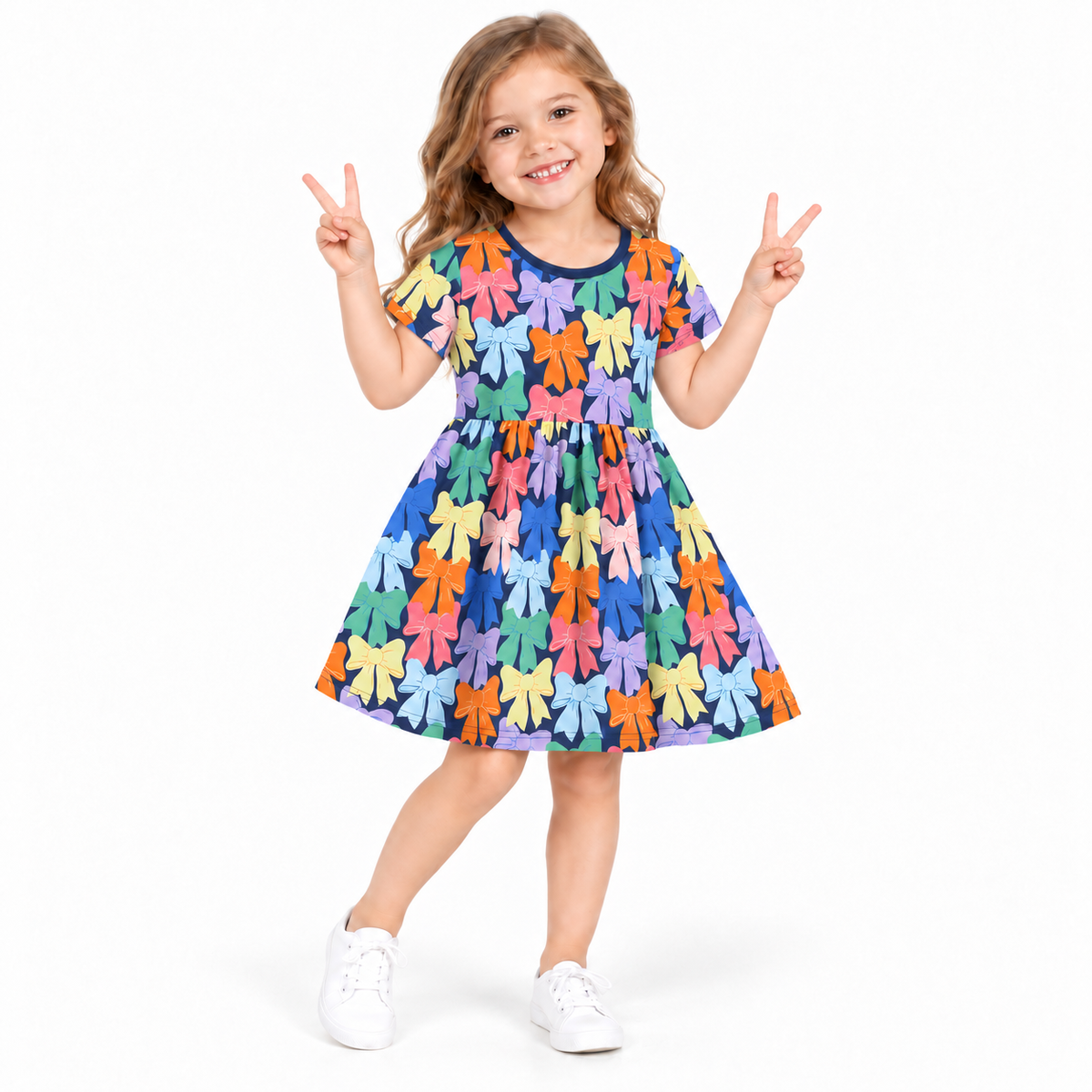 Girls Colorful Bow Print Cotton Short Sleeve A-Line Everyday Dress  girls clothing YAG Boutique