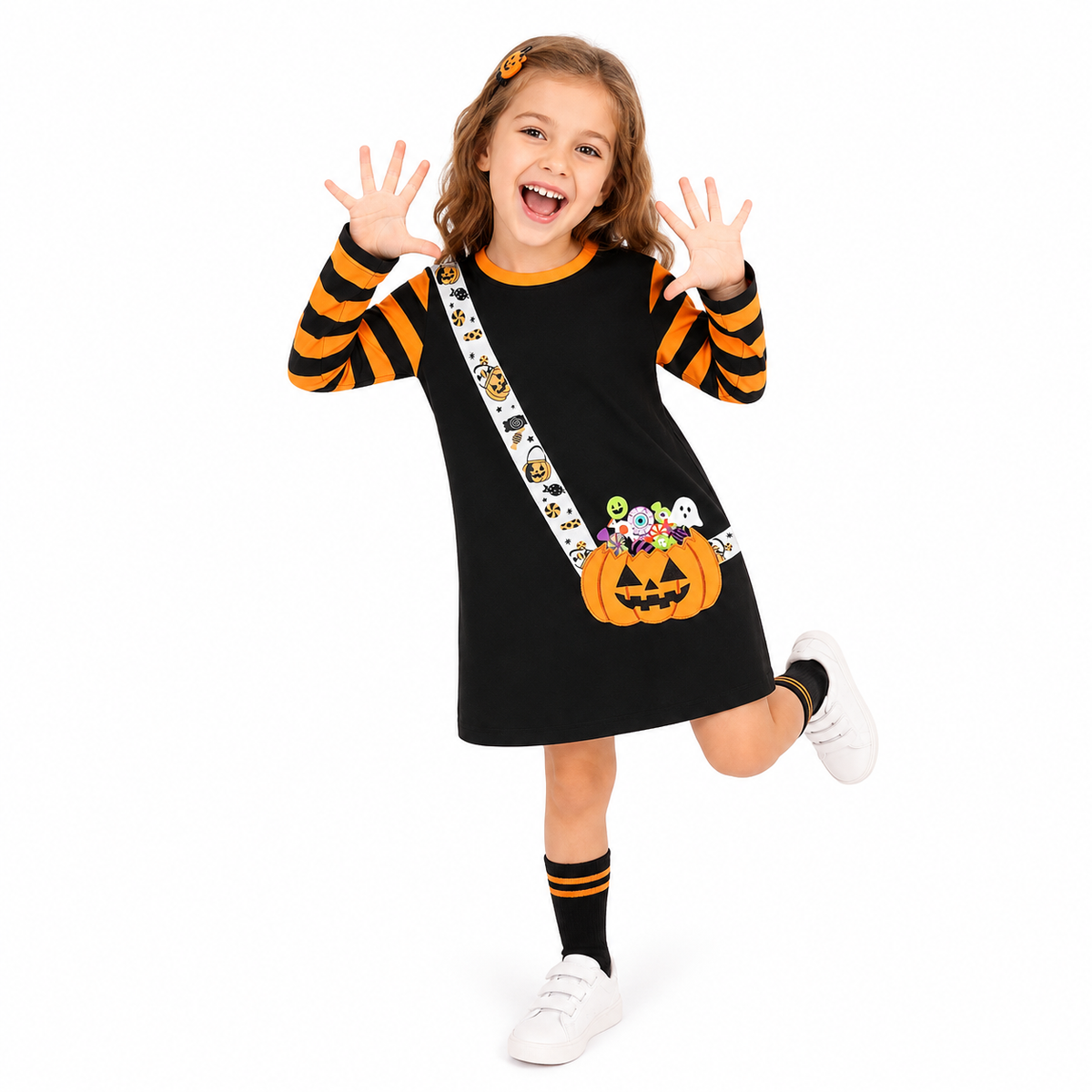 Girls Halloween Pumpkin Trick-or-Treat Long Sleeve Bag Print A-Line Dress  girls clothing YAG Boutique