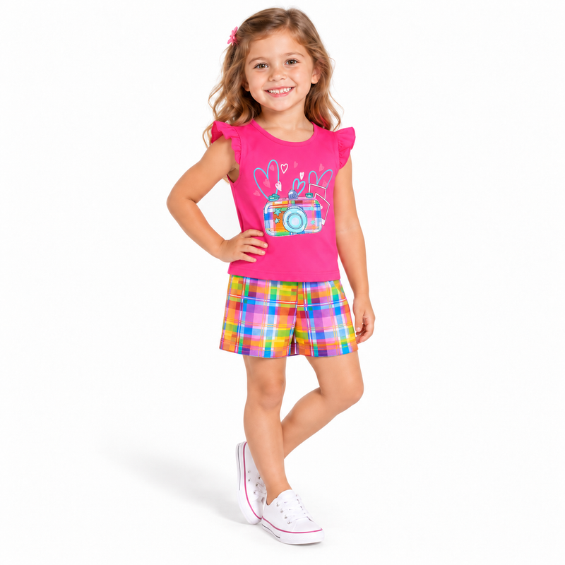 Girls Hot Pink Ruffle Camera T-Shirt & Colorful Plaid Shorts 2-Piece Outfit Set  girls clothing YAG Boutique