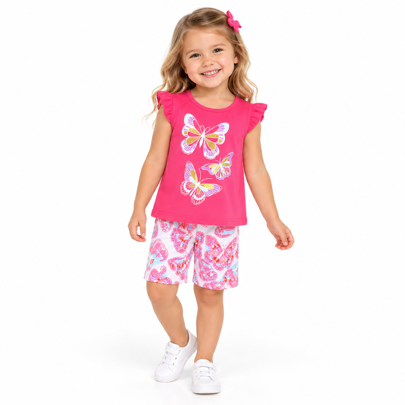 Girls Pink Butterfly Ruffle Sleeve Top and Short Set  girls clothing YAG Boutique