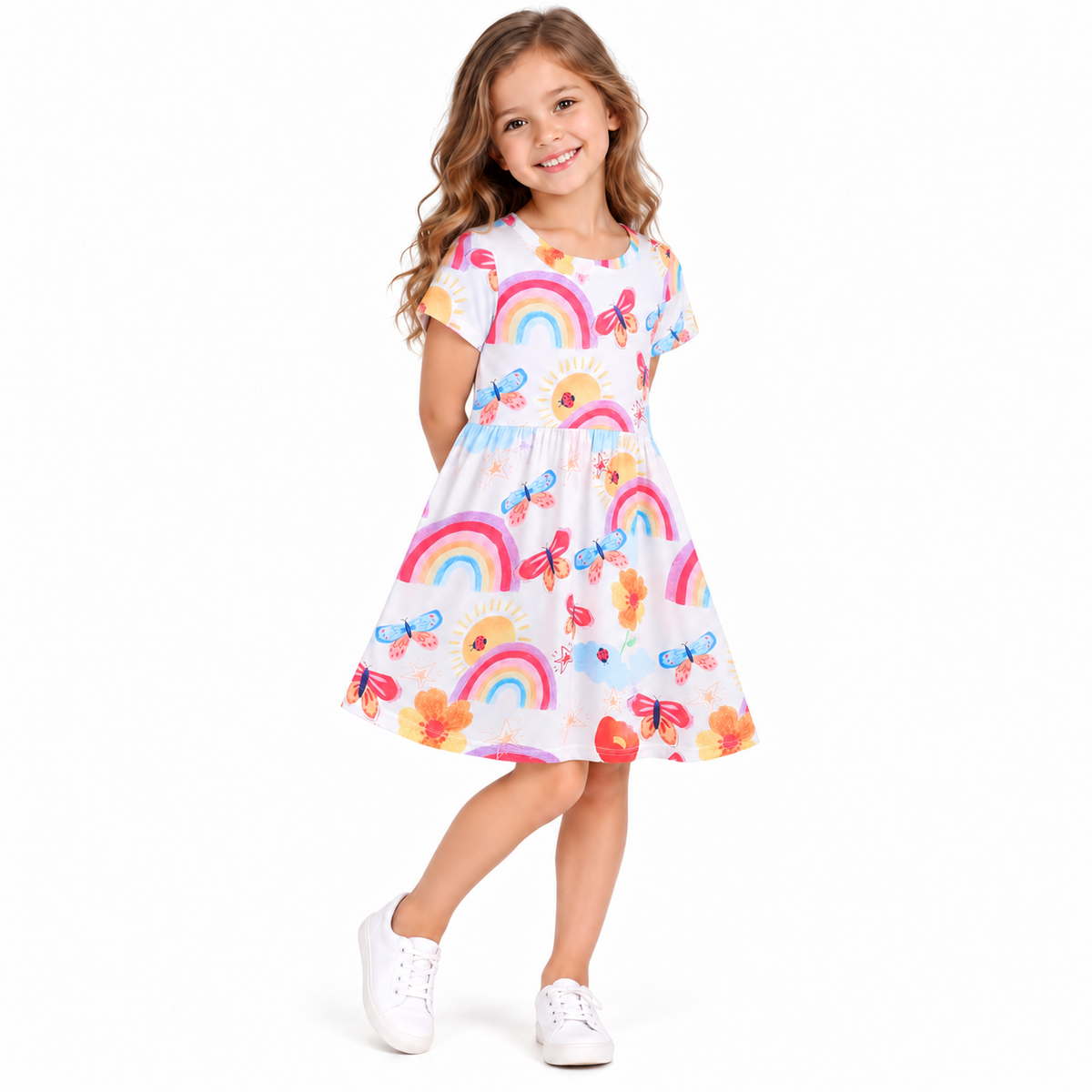 Girls Rainbow Sunshine & Butterfly Printed Summer Casual A-Line Dress  girls clothing YAG Boutique