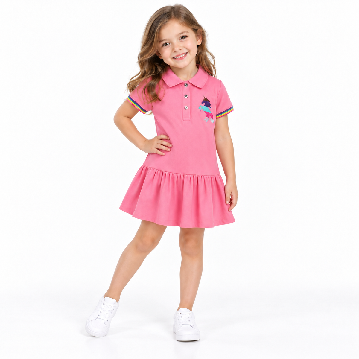 Girls Rainbow Trim Unicorn Embroidered Cotton Polo Dress  girls clothing YAG Boutique