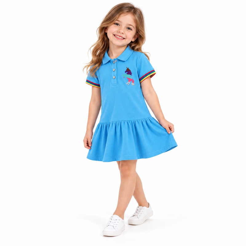 Girls Rainbow Trim Unicorn Embroidered Cotton Polo Dress  girls clothing YAG Boutique