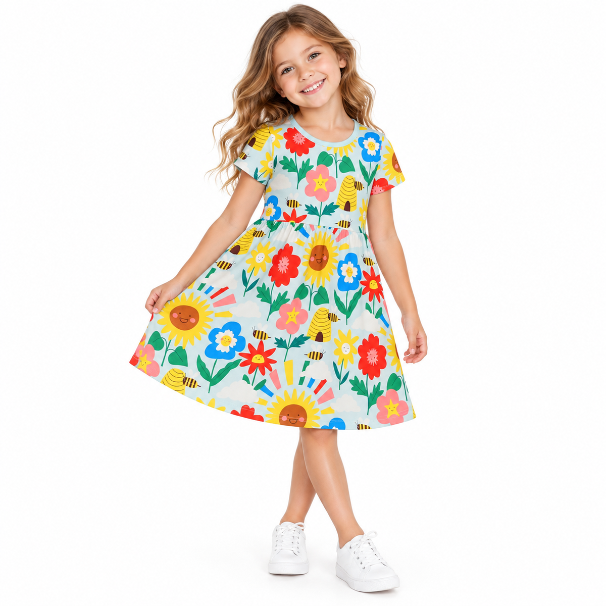 Girls Sunflower & Honeybee Floral Print Summer Cotton Day Dress  girls clothing YAG Boutique