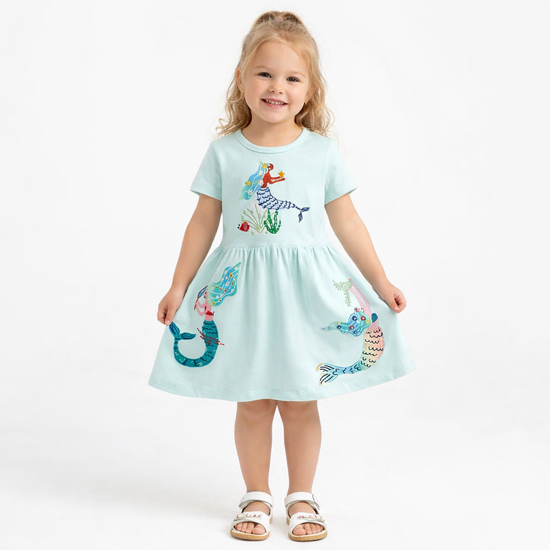 Girls aqua mermaid summer dress with premium embroidery. Soft cotton, breathable & perfect for parties, holidays and boutique kids fashion.