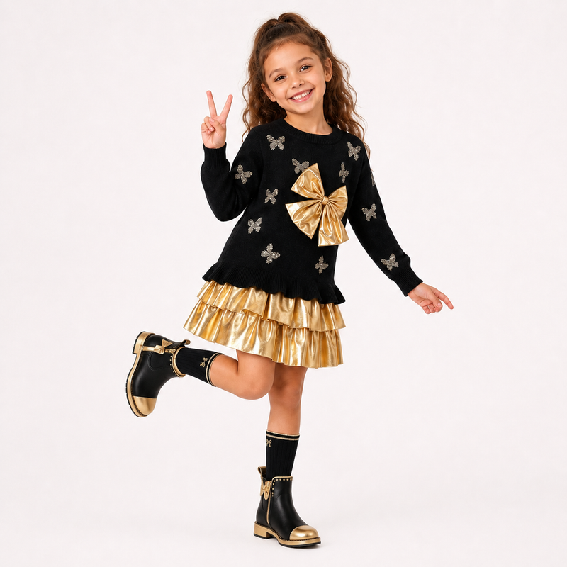 Girls Black Knit Sweater Dress with Metallic Gold Bow & Ruffles  girls clothing YAG Boutique