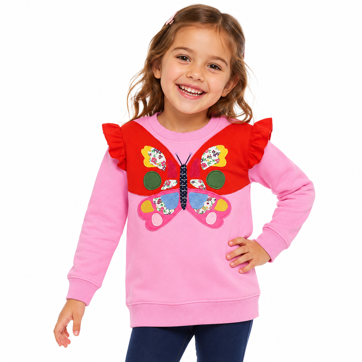 Girls' Butterfly Patchwork Sweatshirt with Ruffle Shoulder Detail  girls clothing YAG Boutique