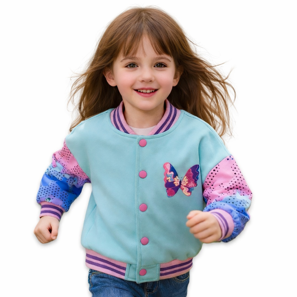 Girls' Butterfly Patch Varsity Bomber Jacket  girls clothing YAG Boutique