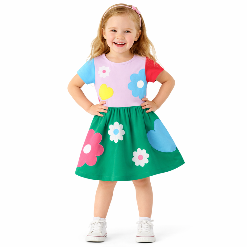 Girls Colourful Floral Heart Patch Dress  girls clothing YAG Boutique