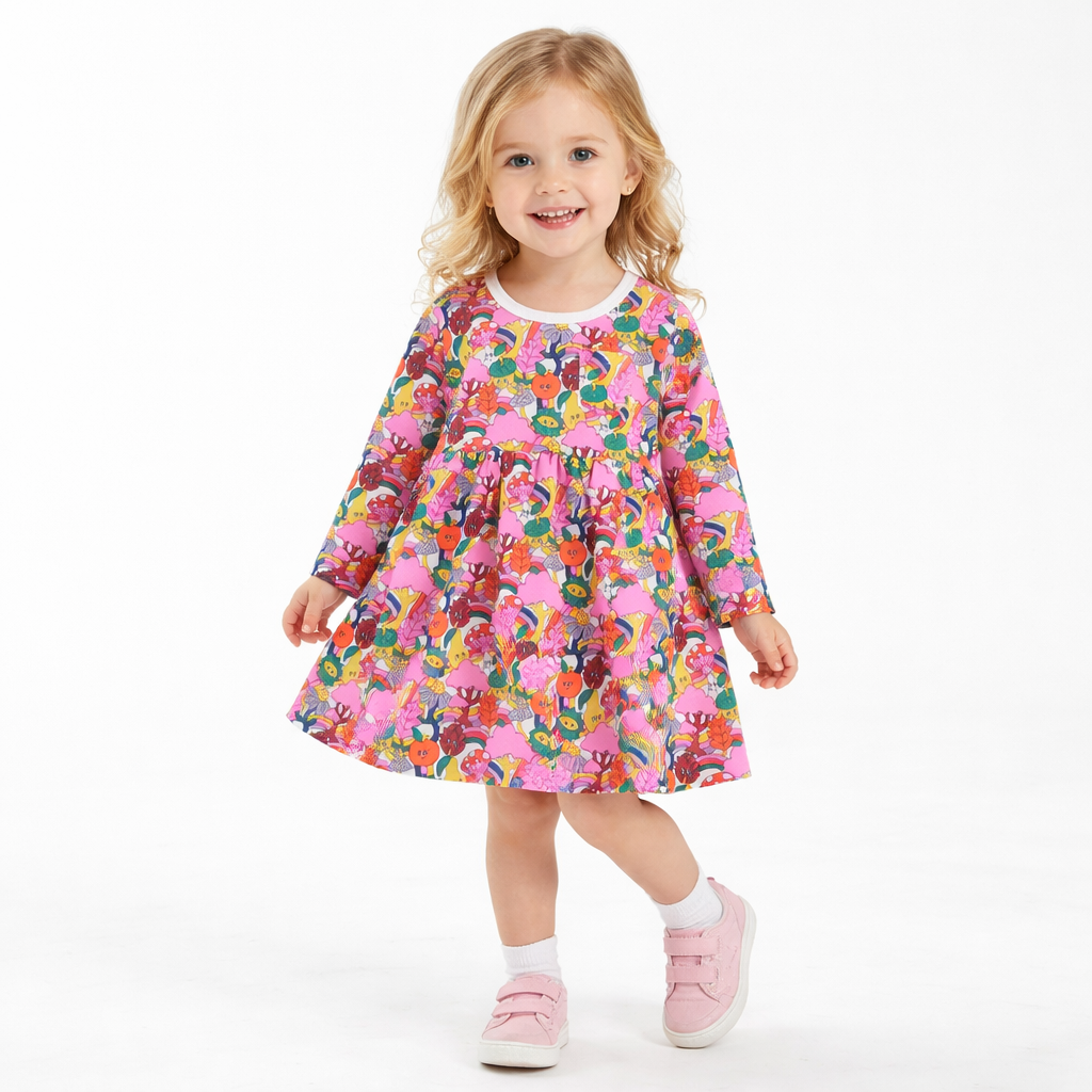 Girls Colourful Woodland Print Long Sleeve Dress  girls clothing YAG Boutique