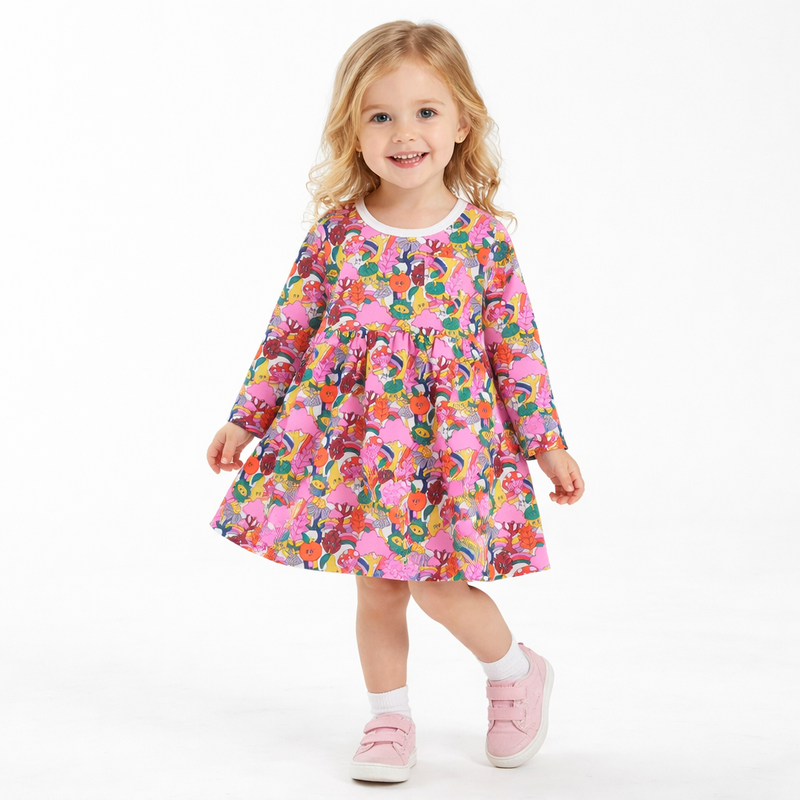 Girls Colourful Woodland Print Long Sleeve Dress  girls clothing YAG Boutique