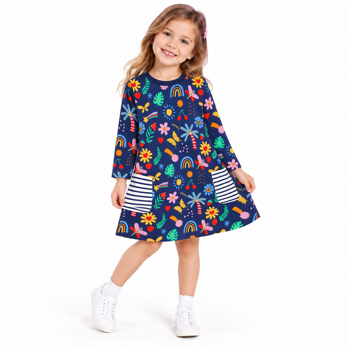 Girls Floral & Botanical Long Sleeve T-Shirt Dress with Striped Pockets  girls clothing YAG Boutique