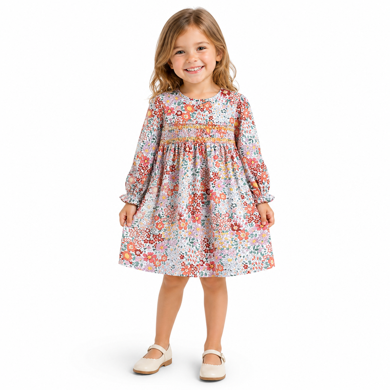 Girls Floral Smocked Long Sleeve Dress  girls clothing YAG Boutique