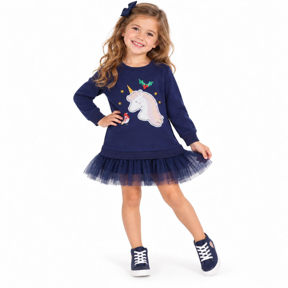 Girls Navy Blue Unicorn Sequined Sweatshirt Tulle Dress  girls clothing YAG Boutique