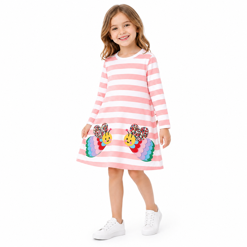 Girls Pink Striped Butterfly Long Sleeve Dress  girls clothing YAG Boutique
