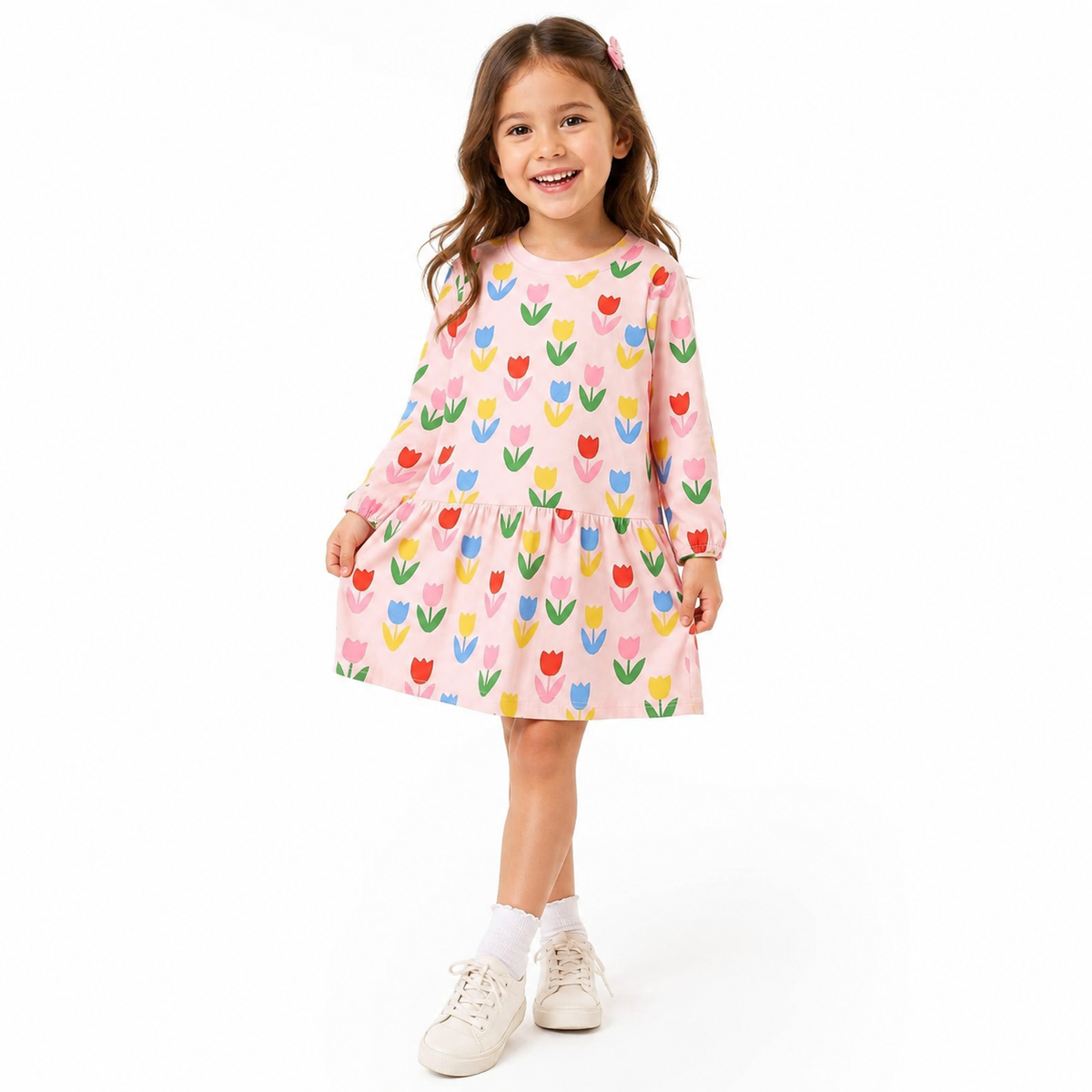 Girls Pink Tulip Print Long Sleeve Cotton Dress  girls clothing YAG Boutique