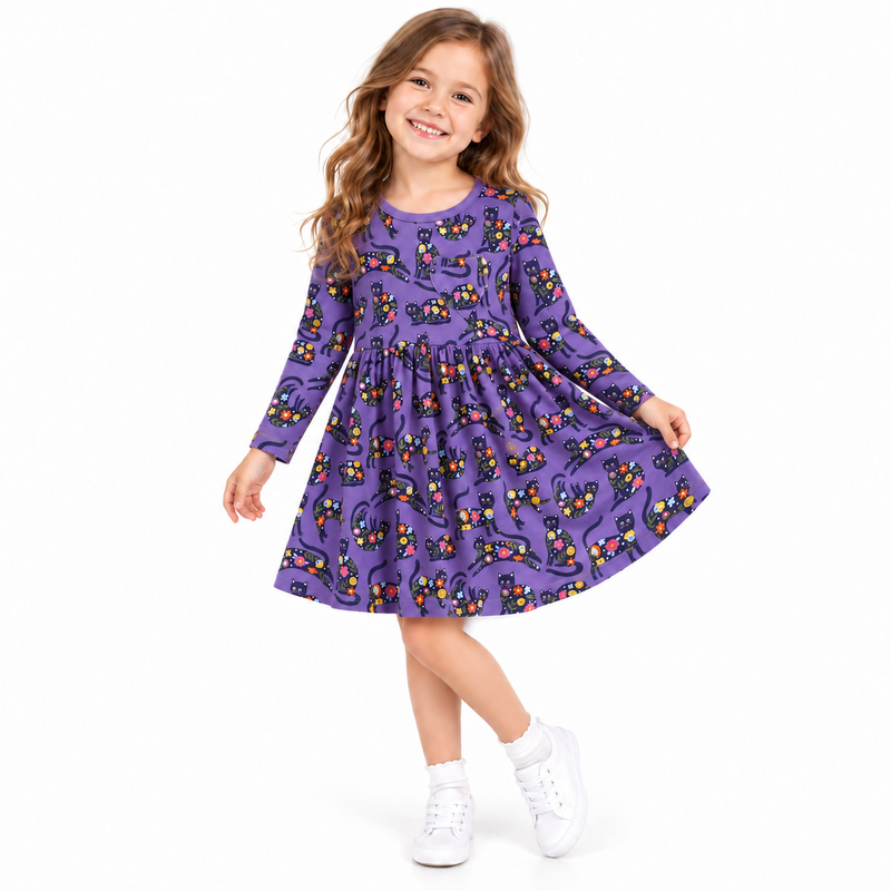 Girls Purple Floral Cat Long Sleeve Pocket Dress  girls clothing YAG Boutique