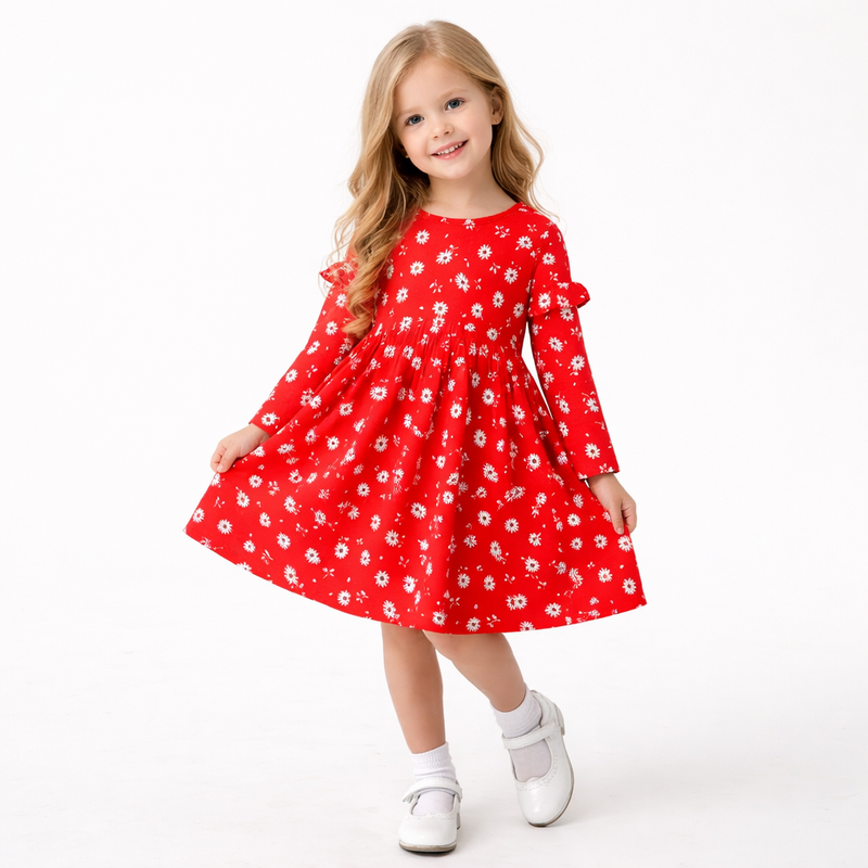 Girls Red Daisy Long Sleeve Party Dress  girls clothing YAG Boutique