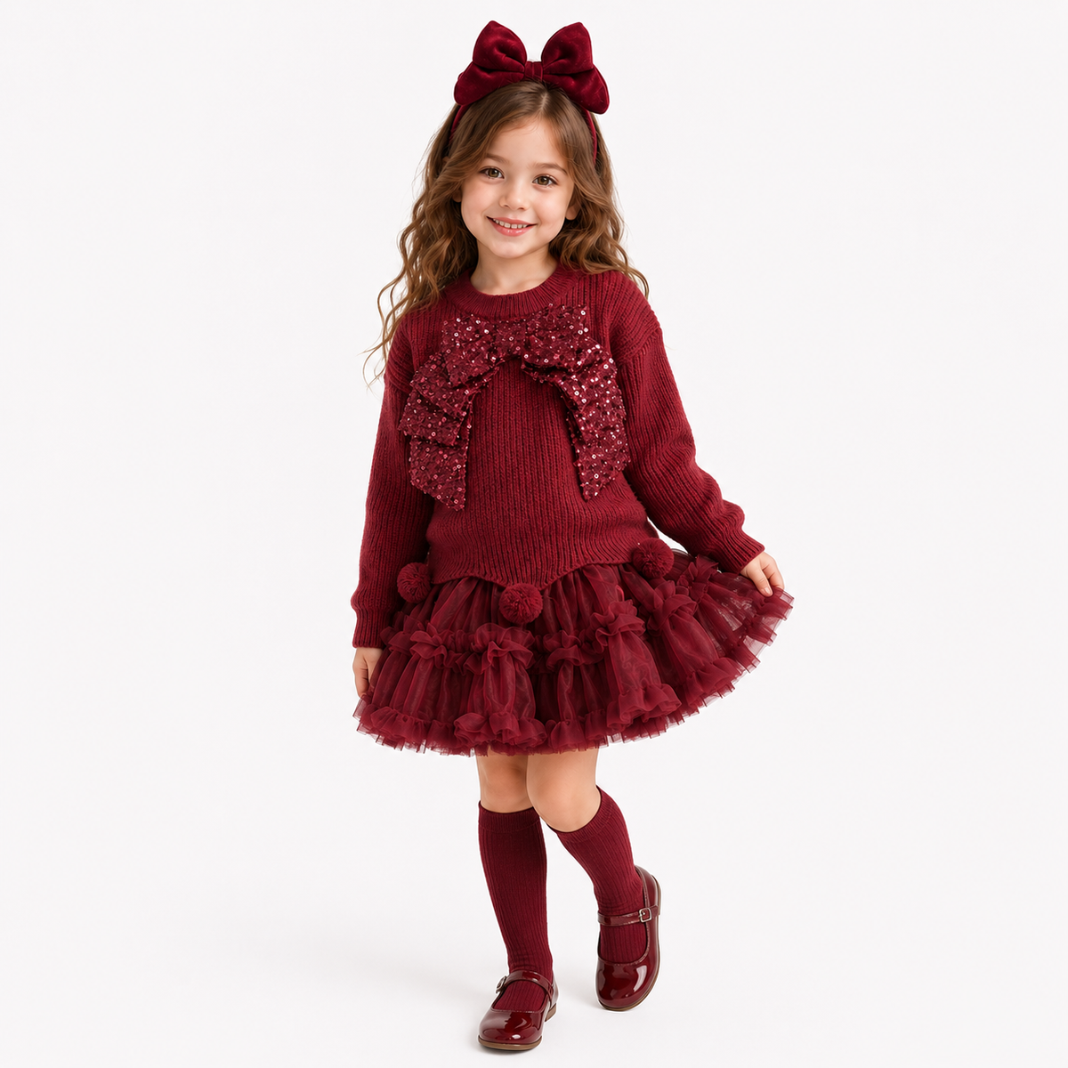 Girls Sequin Bow Knit Jumper & Ruffle Tulle Tutu Skirt 2-Piece Dress Set  girls clothing YAG Boutique