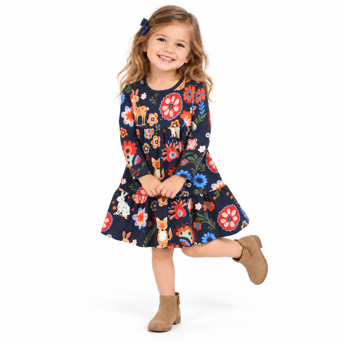 Girls Woodland Floral Long Sleeve Tiered Twirl Dress  girls clothing YAG Boutique