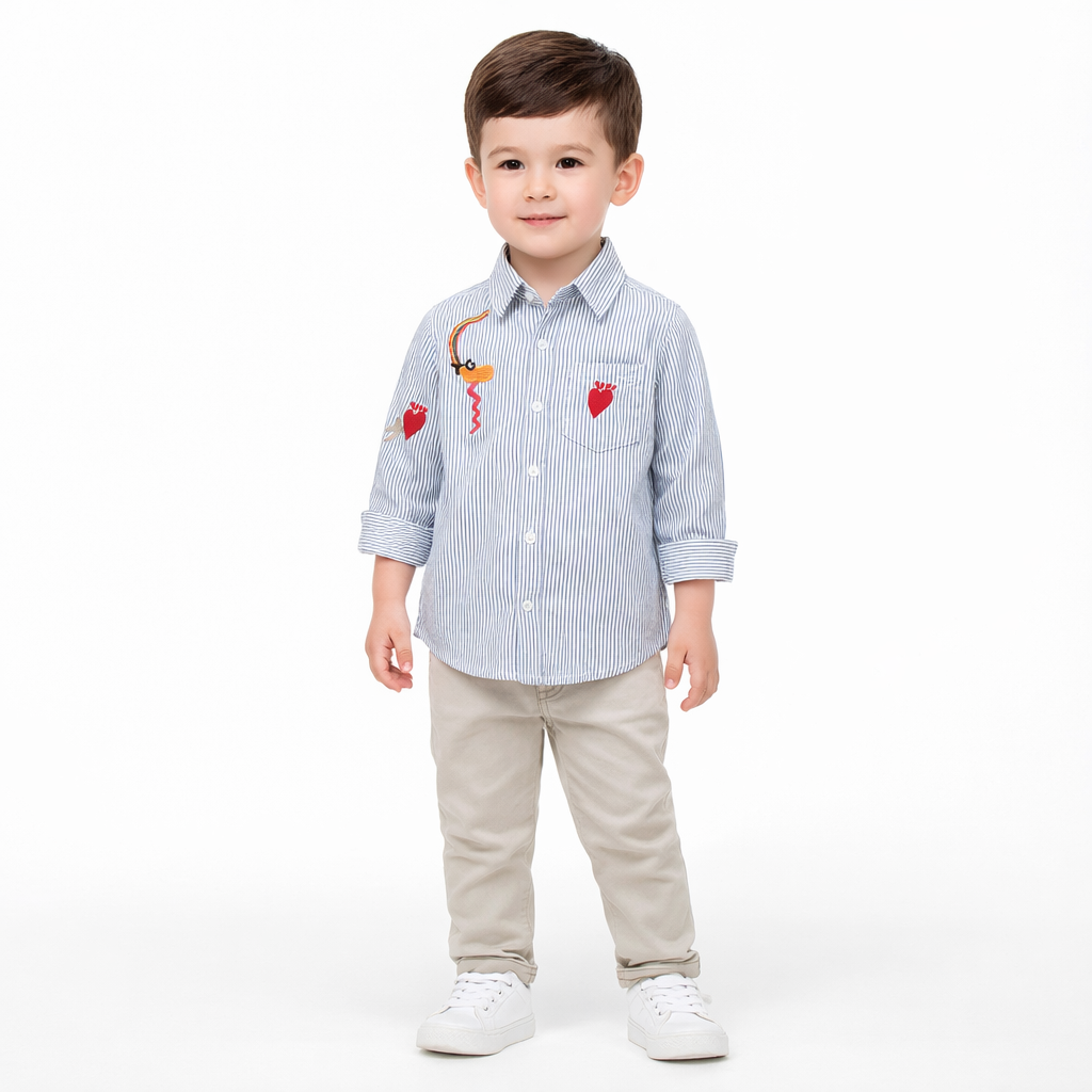 Grey Stripe Flamingo Embroidered Boys Shirt  kids clothing YAG Boutique