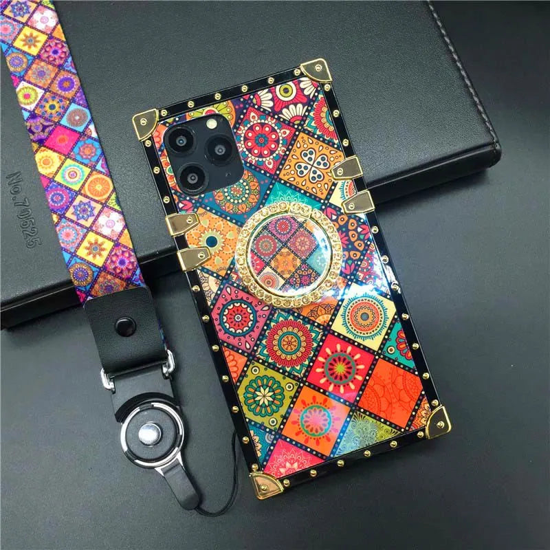 Luxury Patterned Case with Ring Holder & Strap for iPhone 14 - 16 Series  iPhone Cases YAG Boutique
