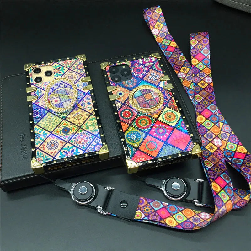 Luxury Patterned Case with Ring Holder & Strap for iPhone 14 - 16 Series  iPhone Cases YAG Boutique