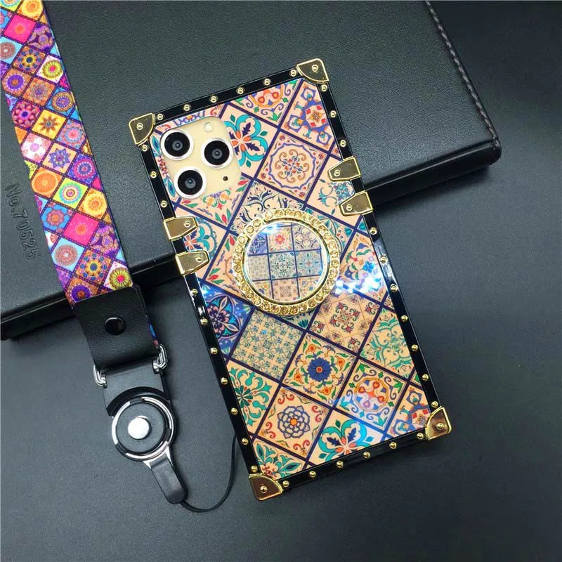 Luxury Patterned Case with Ring Holder & Strap for iPhone 14 - 16 Series  iPhone Cases YAG Boutique